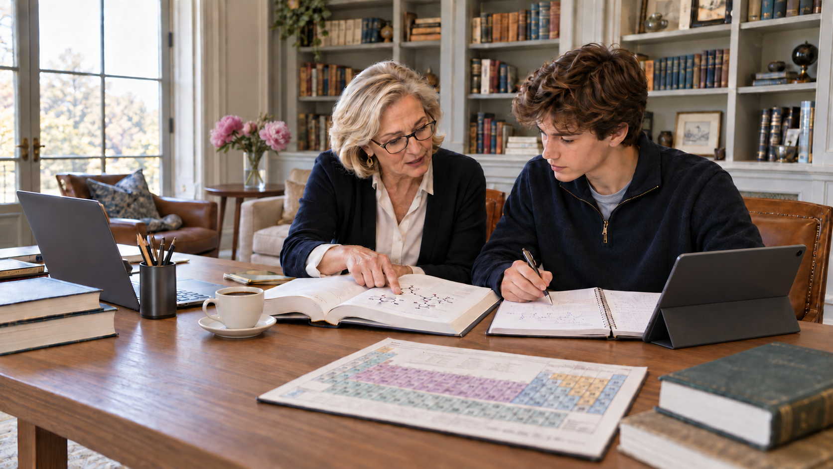 Governess helping a student study A governess helping a teenage student with schoolwork at a table in a home library.