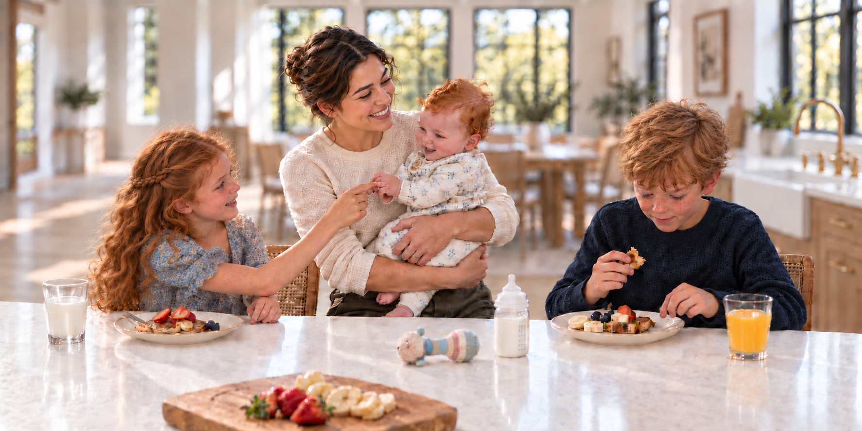 A nanny caring for three children at a kitchen breakfast table.