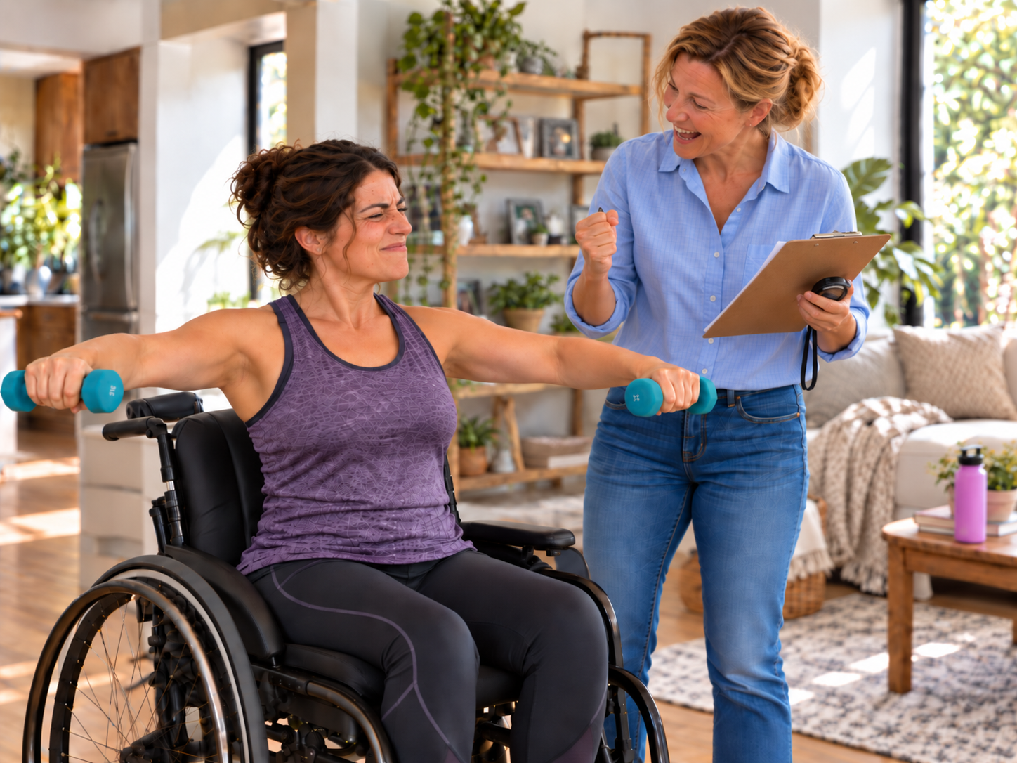 Home helper encouraging wheelchair exercises at home A home helper encourages a woman using a wheelchair as she exercises with dumbbells and tracks the session on a clipboard.