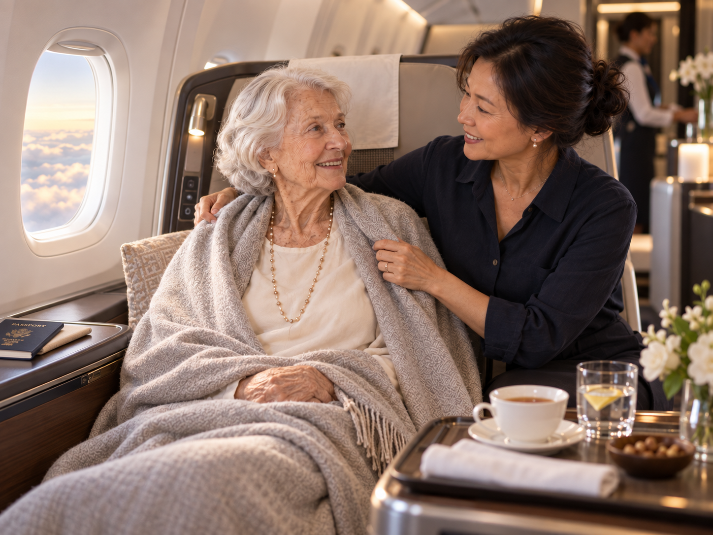 Senior companion helping an older woman during air travel A senior companion helps an older woman stay comfortable while traveling in a premium airplane cabin.