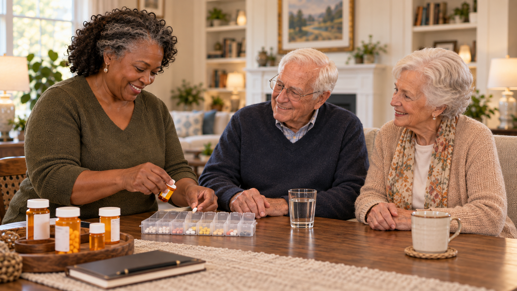 A caregiver helps an older couple organize medications at a table in their home.